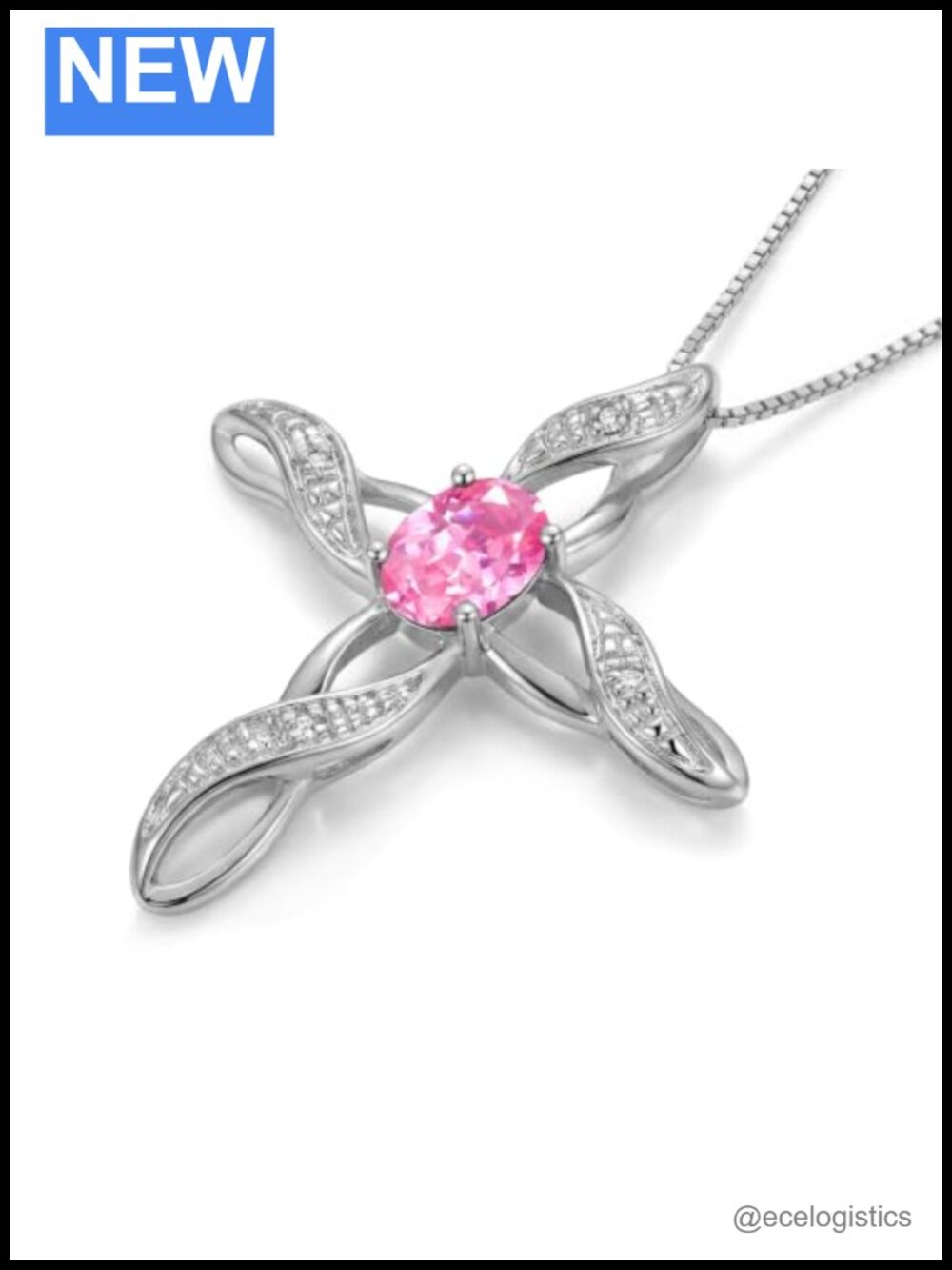 Sterling Silver Cross Necklace 925 Pink Ice Gemstone 18" Chain